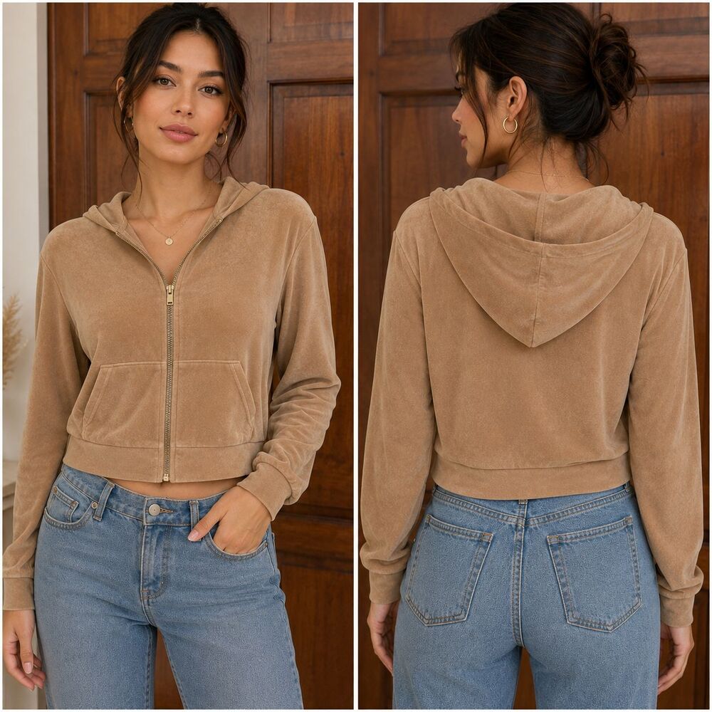 Express Velour Cropped Zip-Up Hoodie Light Brown Camel Soft Stretch XS NWT